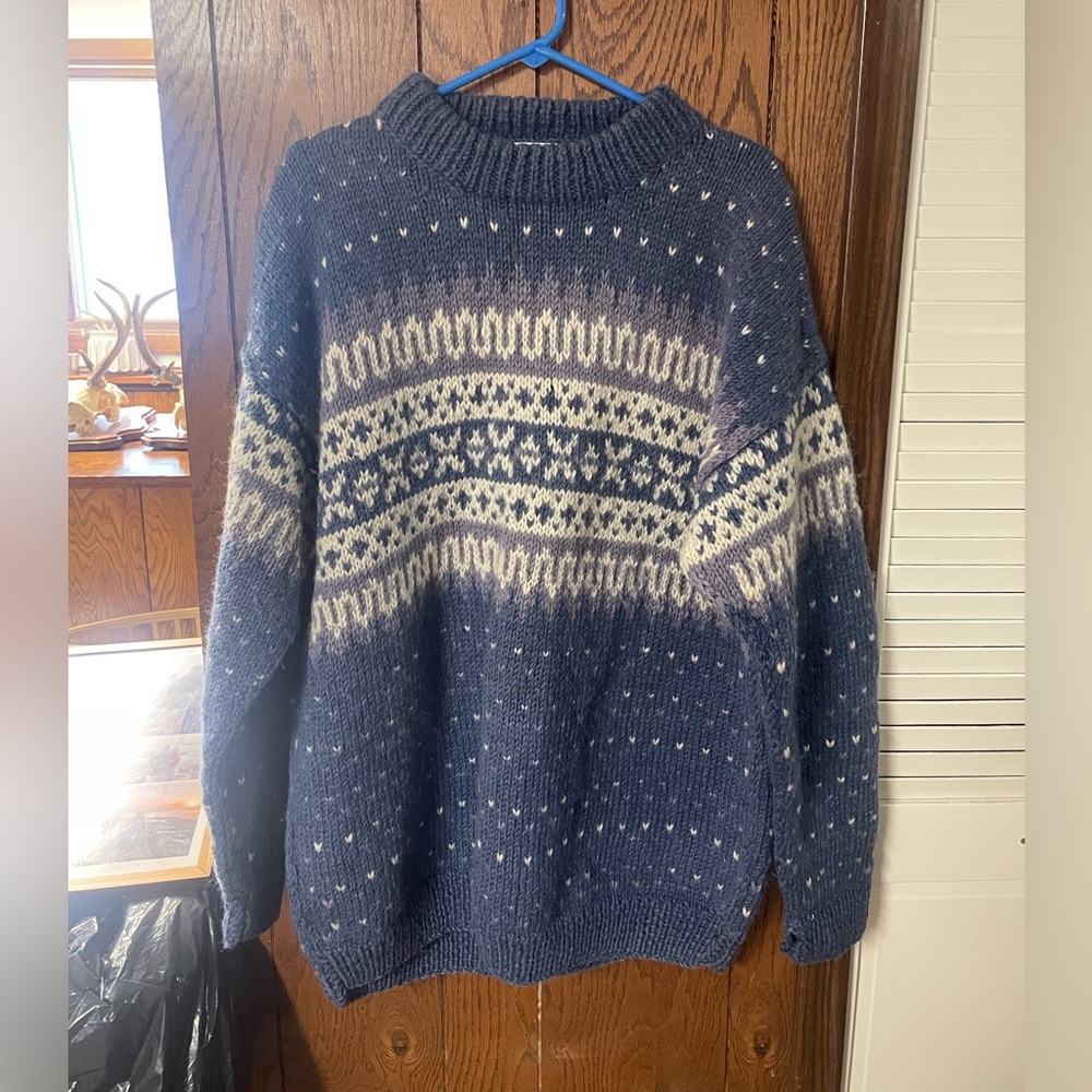Yeti hand knit Men's Blue and Cream Crewneck Sweater
